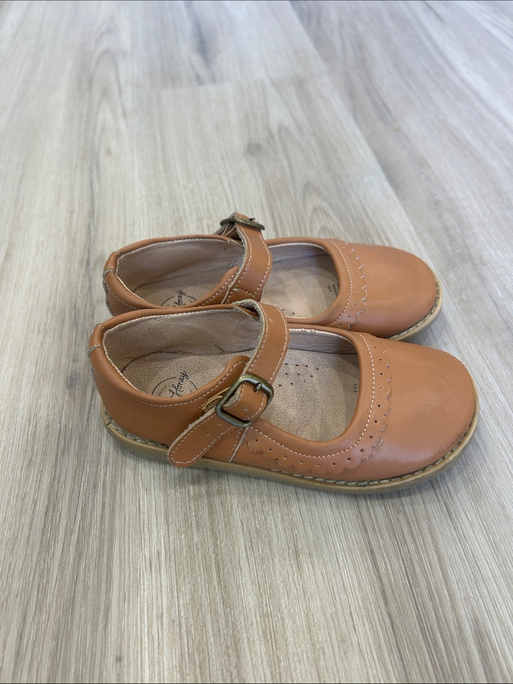 SweetHoney Toddler Cognac Tan Leather Scalloped Mary Jane Shoes Size 9